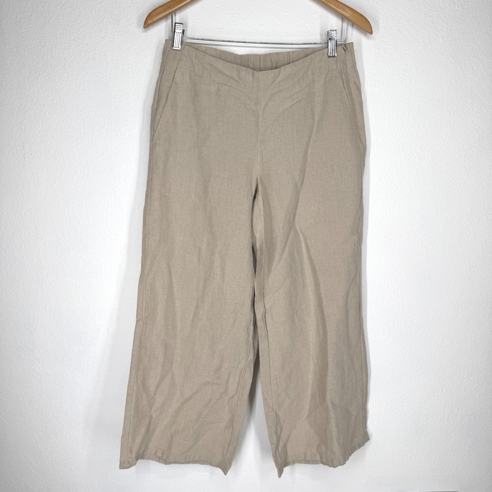 J Jill Linen Wide Leg Pants Women XSmall Beige Zip Elastic Lagenlook Minimalist
